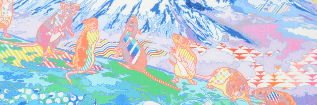 アサクラコウヘイの干支ハンカチシリーズ子年版です。  サイズ46×46cm、綿100％、チドリ縫製、日本製。